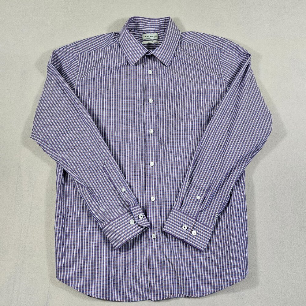 Lucky Brand Shirt Mens L Purple Blue Check Button Up Long Sleeve Slim Fit